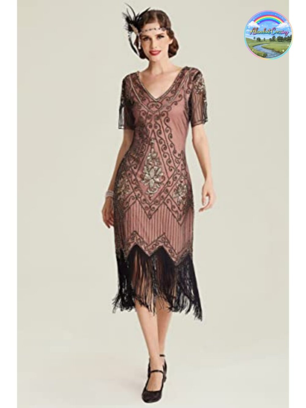 1920s Fringed Sequin Dress Bodycon V-Neck Midi Costume